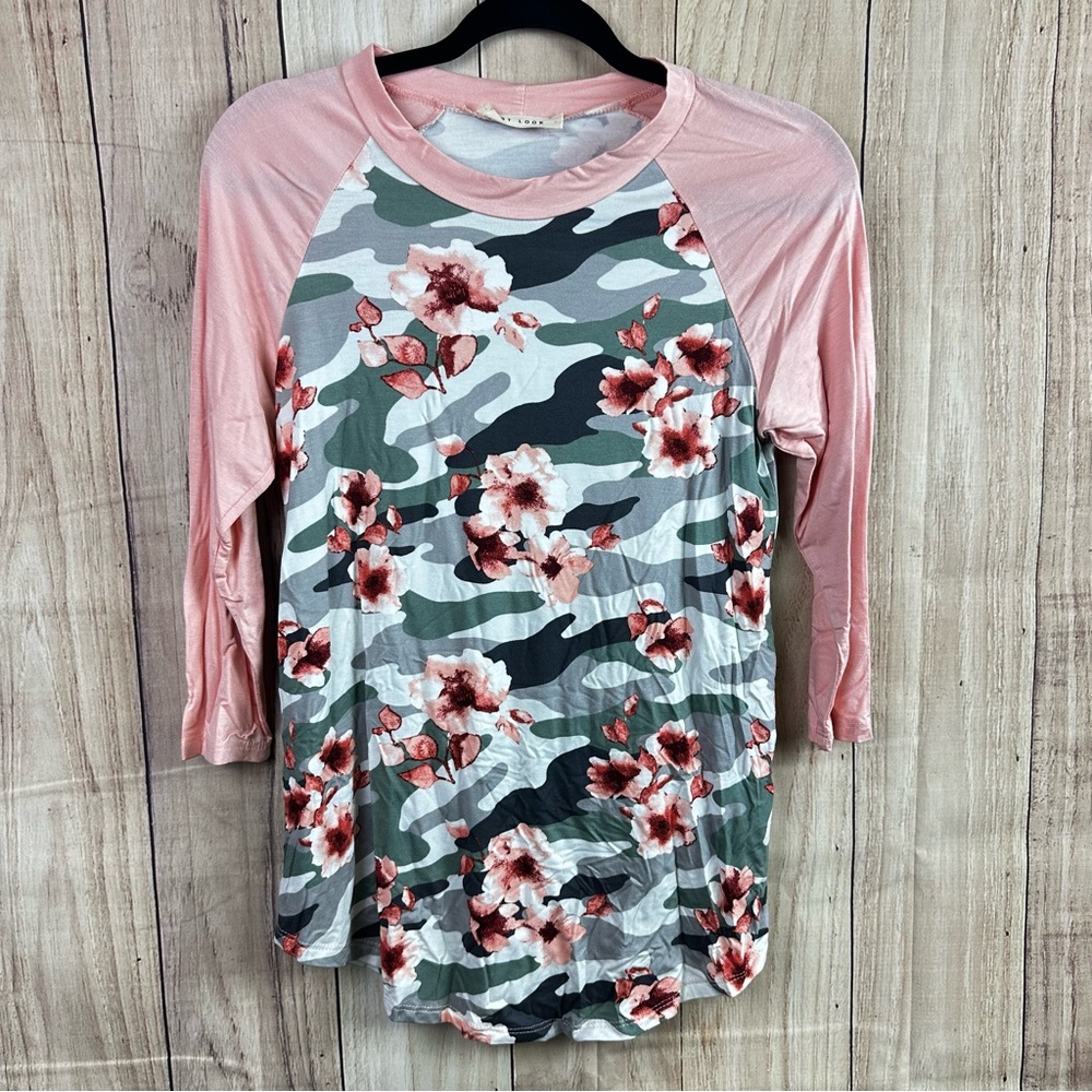 Floral Camo Long Sleeve Top with Pink Sleeves